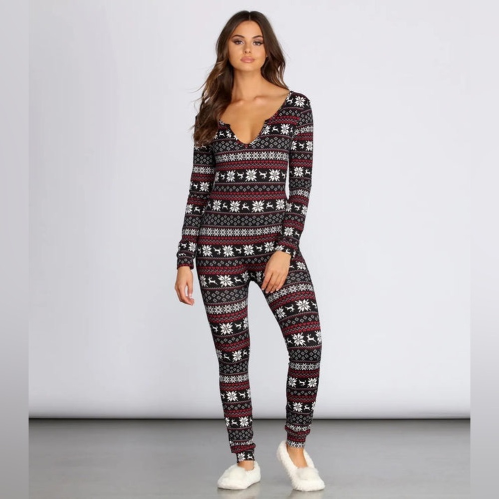 ShoSho Holiday Fair Isle Fleece Lined Onesie with Headband NWT Large
